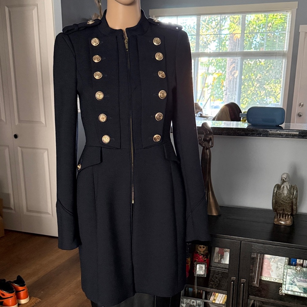 Zara Black Military-Style Pea Coat with Gold Buttons